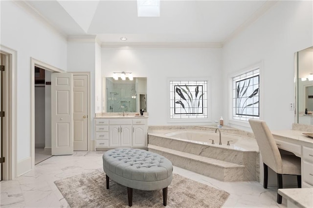 bathroom with a towering ceiling, shower with separate bathtub, vanity, and crown molding