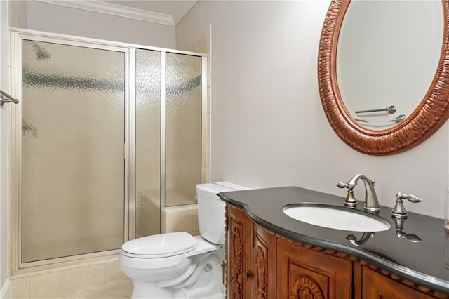 bathroom with walk in shower, tile patterned flooring, vanity, crown molding, and toilet