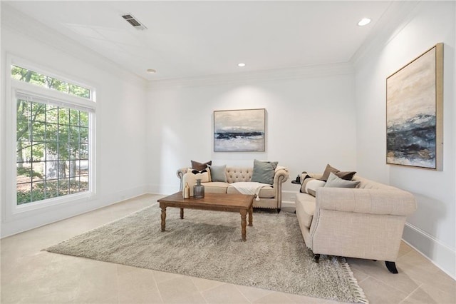 tiled living room featuring crown molding