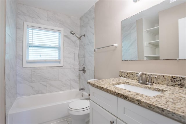full bathroom with toilet, bathing tub / shower combination, and vanity