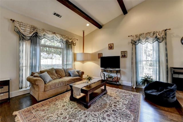 living area with beamed ceiling, dark wood finished floors, visible vents, and baseboards