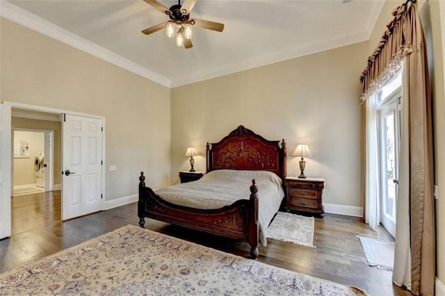 bedroom with dark wood-type flooring, ornamental molding, baseboards, and a ceiling fan