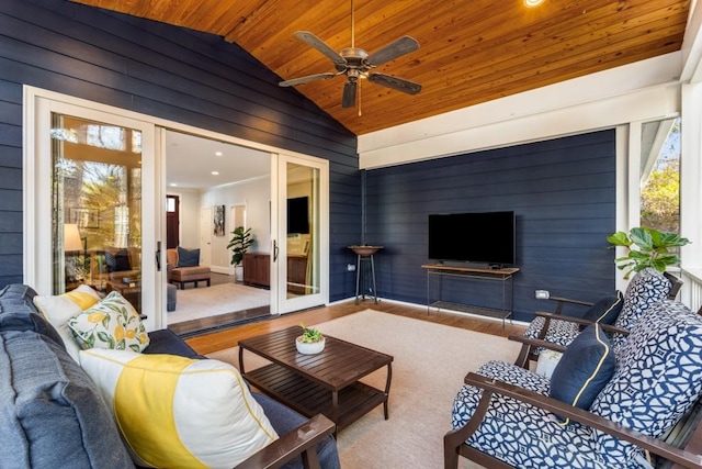 view of patio with french doors, ceiling fan, and an outdoor living space