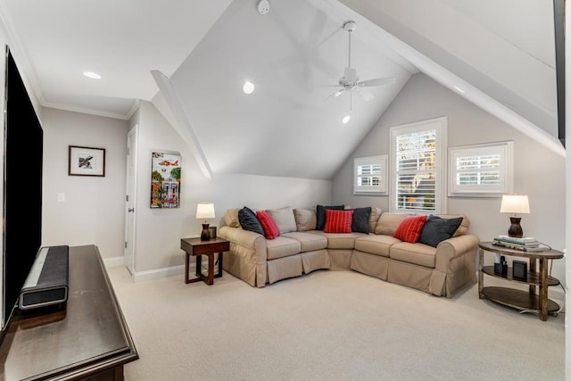 carpeted living room featuring vaulted ceiling, ornamental molding, and ceiling fan