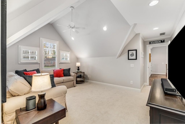 carpeted living room featuring vaulted ceiling and ceiling fan