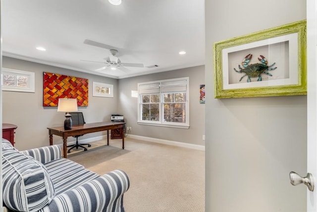 home office with light colored carpet and ceiling fan