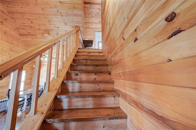 stairs featuring a sauna, wood walls, and wood ceiling