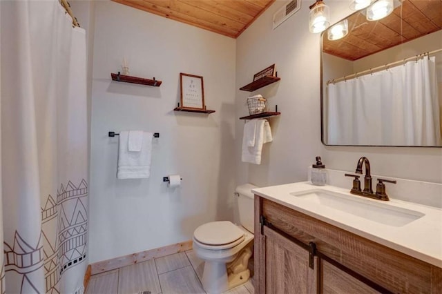 bathroom with wooden ceiling, toilet, vanity, visible vents, and baseboards