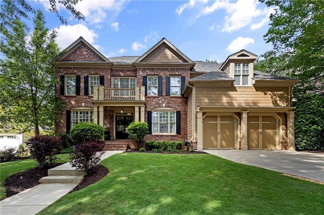4840 Spring Park Cir, Suwanee, GA 30024 - colonial home featuring brick siding, concrete driveway, a front yard, and a garage