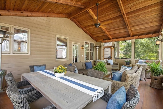 4840 Spring Park Cir, Suwanee, GA 30024 - sunroom with an outdoor hangout area, a ceiling fan, and outdoor dining area
