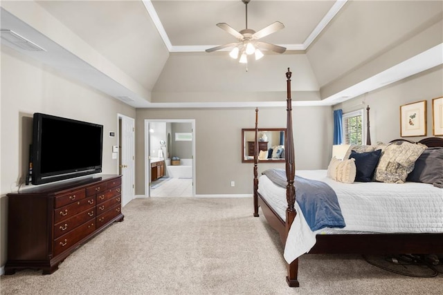 4840 Spring Park Cir, Suwanee, GA 30024 - bedroom with lofted ceiling, light colored carpet, a raised ceiling, connected bathroom, and a ceiling fan