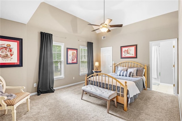 4840 Spring Park Cir, Suwanee, GA 30024 - bedroom featuring carpet flooring, a ceiling fan, and high vaulted ceiling