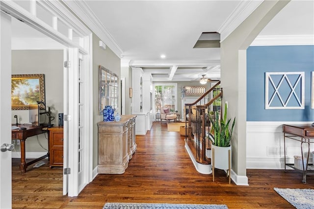 4840 Spring Park Cir, Suwanee, GA 30024 - hall featuring dark wood finished floors, crown molding, coffered ceiling, stairs, and an office area