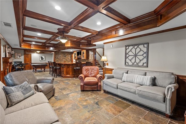 4840 Spring Park Cir, Suwanee, GA 30024 - living area featuring stone tile floors, beamed ceiling, coffered ceiling, recessed lighting, and stairs