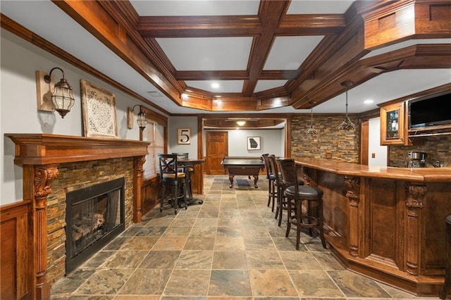 4840 Spring Park Cir, Suwanee, GA 30024 - indoor bar with stone finish floors, ornamental molding, a fireplace, pool table, and coffered ceiling