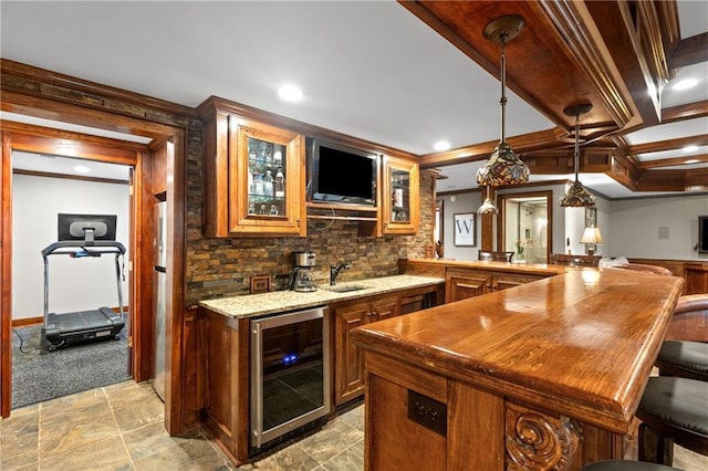 4840 Spring Park Cir, Suwanee, GA 30024 - indoor wet bar featuring wine cooler, backsplash, ornamental molding, hanging light fixtures, and recessed lighting