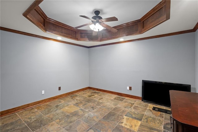 4840 Spring Park Cir, Suwanee, GA 30024 - spare room with ornamental molding, a tray ceiling, a ceiling fan, recessed lighting, and stone finish flooring