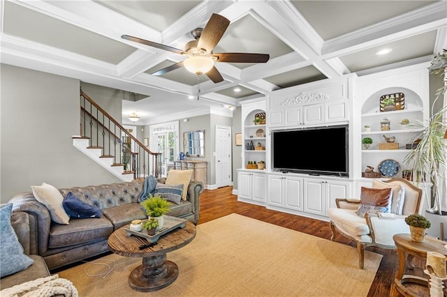 4840 Spring Park Cir, Suwanee, GA 30024 - living room with stairs, wood finished floors, a ceiling fan, ornamental molding, and coffered ceiling
