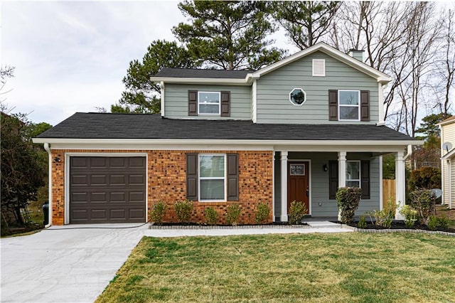 traditional-style home featuring a garage, covered porch, brick siding, concrete driveway, and a front lawn