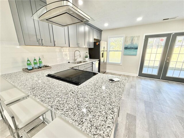 kitchen featuring stainless steel appliances, a sink, exhaust hood, light stone countertops, and tasteful backsplash