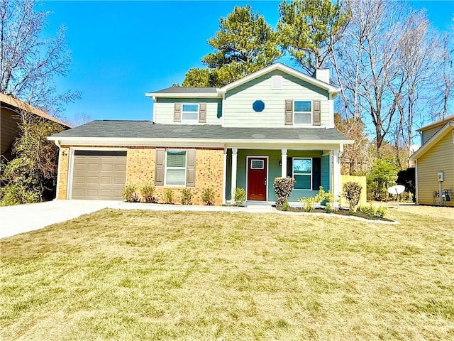 traditional home featuring driveway, brick siding, a chimney, an attached garage, and a front yard