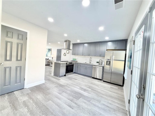 kitchen with gray cabinetry, appliances with stainless steel finishes, a sink, a peninsula, and wall chimney exhaust hood