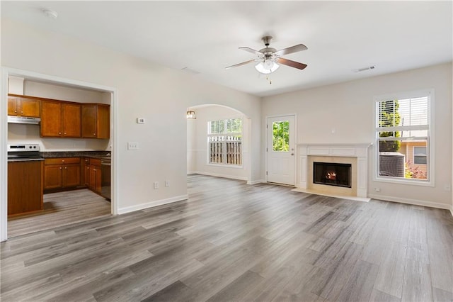 2957 Smith Ridge Trce, Peachtree Corners, GA 30071 - unfurnished living room featuring plenty of natural light, light wood-style floors, and a ceiling fan