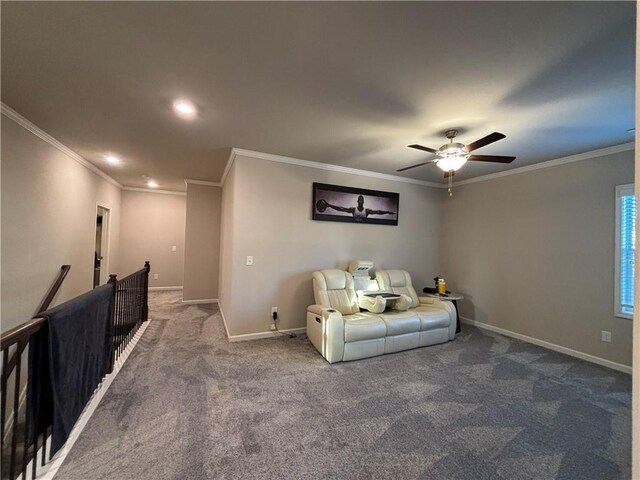 interior space with ornamental molding and carpet