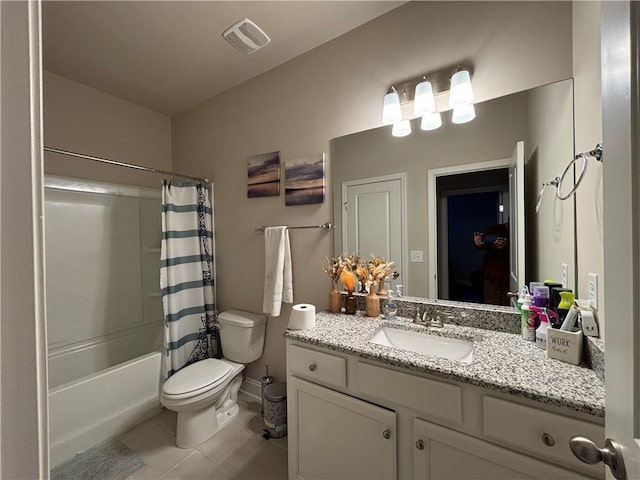 bathroom with tile patterned flooring, toilet, shower / tub combo, visible vents, and vanity