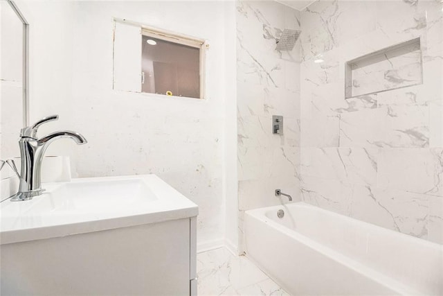 bathroom featuring shower / bath combination, baseboards, marble finish floor, and vanity