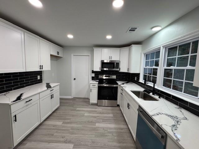 kitchen featuring decorative backsplash, white cabinetry, sink, and stainless steel appliances