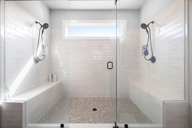 bathroom featuring a shower with door