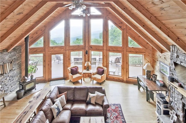 1397 Chestnut Cove Trl, Jasper, GA 30143 - living room featuring a wood stove, ceiling fan, wood ceiling with exposed beams, wood finished floors, and high vaulted ceiling