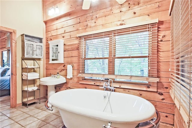 1397 Chestnut Cove Trl, Jasper, GA 30143 - full bathroom featuring wood walls, a soaking tub, and tile patterned floors