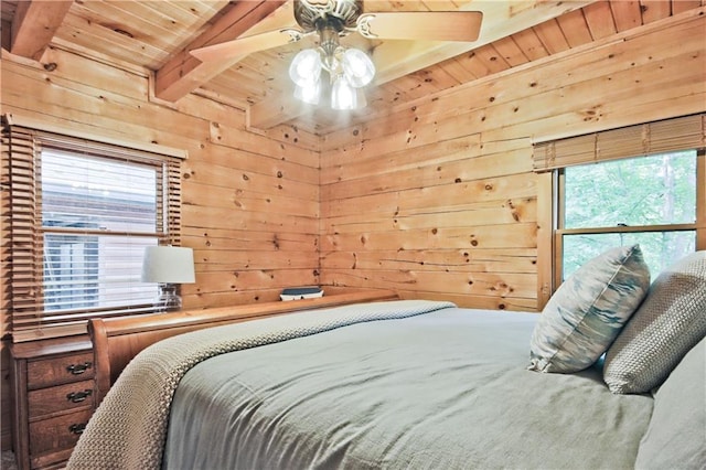 1397 Chestnut Cove Trl, Jasper, GA 30143 - bedroom featuring wood ceiling, wooden walls, and a ceiling fan