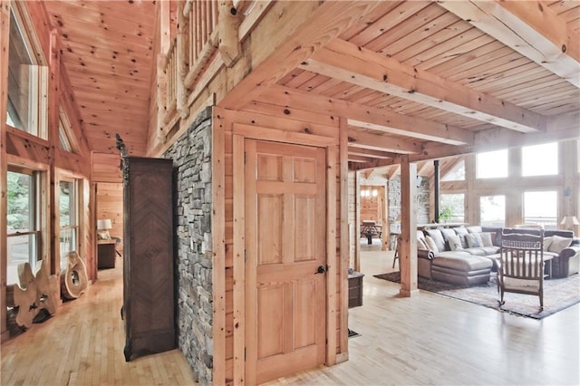 1397 Chestnut Cove Trl, Jasper, GA 30143 - hall featuring light wood-type flooring, wooden ceiling with exposed beams, and high vaulted ceiling