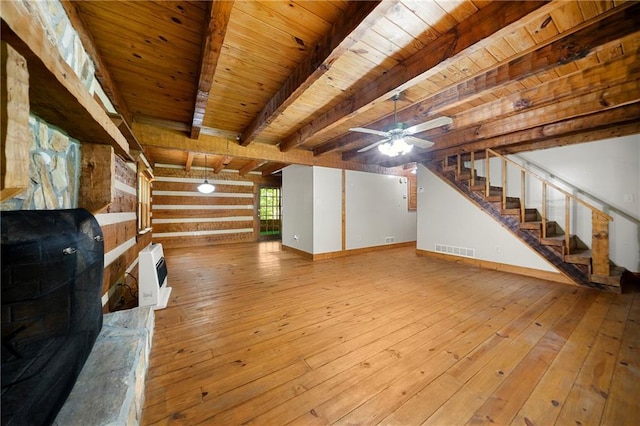 1975 Mack Rd, Douglasville, GA 30135 - unfurnished living room featuring wooden ceiling with exposed beams, heating unit, hardwood / wood-style floors, stairway, and ceiling fan