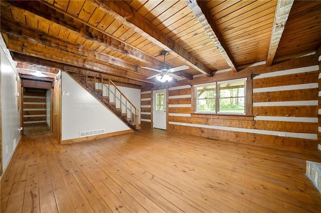 1975 Mack Rd, Douglasville, GA 30135 - unfurnished living room with stairway, hardwood / wood-style flooring, wood ceiling with exposed beams, wooden walls, and ceiling fan