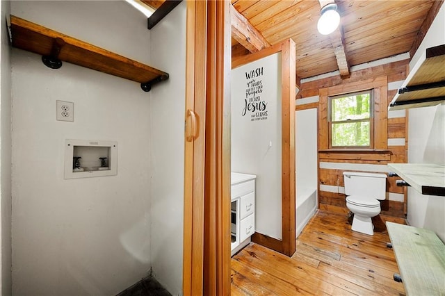 1975 Mack Rd, Douglasville, GA 30135 - laundry area featuring light wood-style flooring, hookup for a washing machine, and wooden ceiling