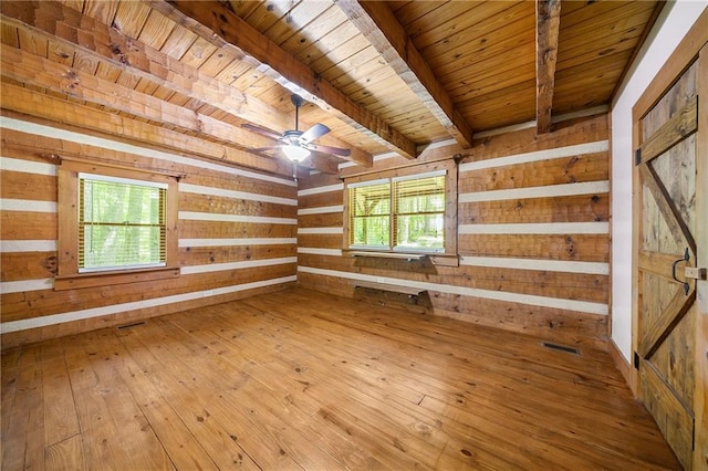 1975 Mack Rd, Douglasville, GA 30135 - spare room featuring wood ceiling with exposed beams, plenty of natural light, wooden walls, ceiling fan, and hardwood / wood-style flooring