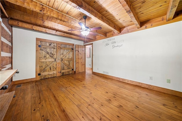 1975 Mack Rd, Douglasville, GA 30135 - empty room featuring wooden ceiling with exposed beams, a ceiling fan, hardwood / wood-style flooring, and baseboards