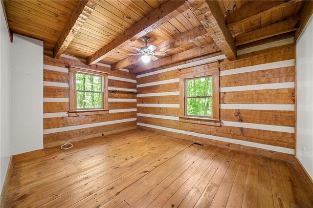 1975 Mack Rd, Douglasville, GA 30135 - unfurnished room featuring wooden ceiling with exposed beams, healthy amount of natural light, ceiling fan, hardwood / wood-style flooring, and wood walls
