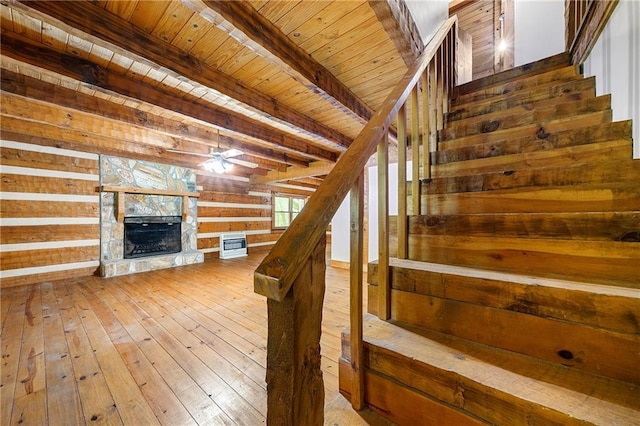 1975 Mack Rd, Douglasville, GA 30135 - stairway with wood walls, wooden ceiling with exposed beams, hardwood / wood-style flooring, a stone fireplace, and heating unit