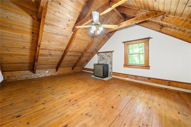 1975 Mack Rd, Douglasville, GA 30135 - bonus room featuring wood ceiling, light wood-type flooring, a ceiling fan, a wood stove, and baseboards