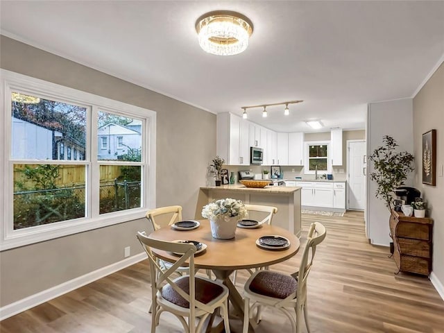 2068 Verbena St NW, Atlanta, GA 30314 - dining room with light wood-type flooring, ornamental molding, and track lighting