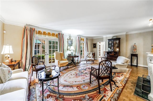 living room featuring parquet floors, ornamental molding, and french doors