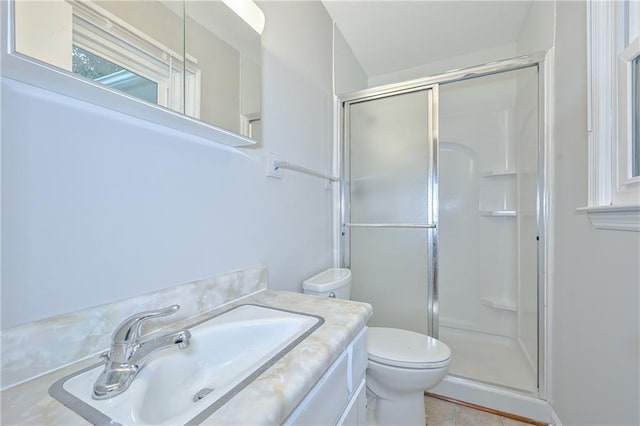 51 Ezzard St, Lawrenceville, GA 30046 - full bathroom with toilet, a stall shower, vanity, and tile patterned flooring