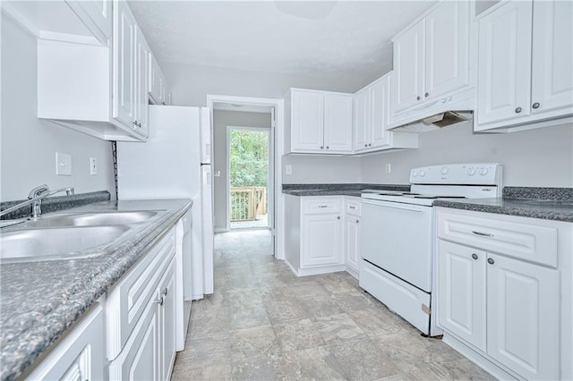 51 Ezzard St, Lawrenceville, GA 30046 - kitchen with white appliances, a sink, under cabinet range hood, and white cabinets