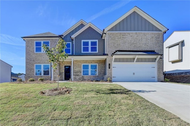 58 Longhorn Way, Auburn, GA 30011 - craftsman-style home with brick siding, a garage, board and batten siding, a front yard, and concrete driveway