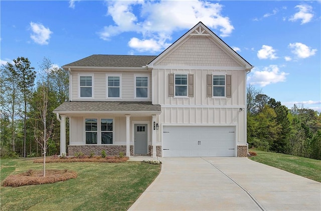craftsman-style home with concrete driveway, roof with shingles, board and batten siding, a front lawn, and a garage